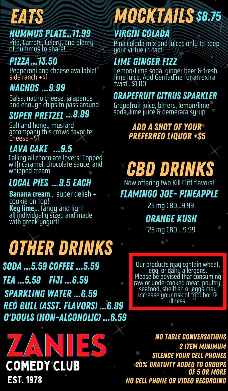 Menu Zanies Chicago Comedy Club