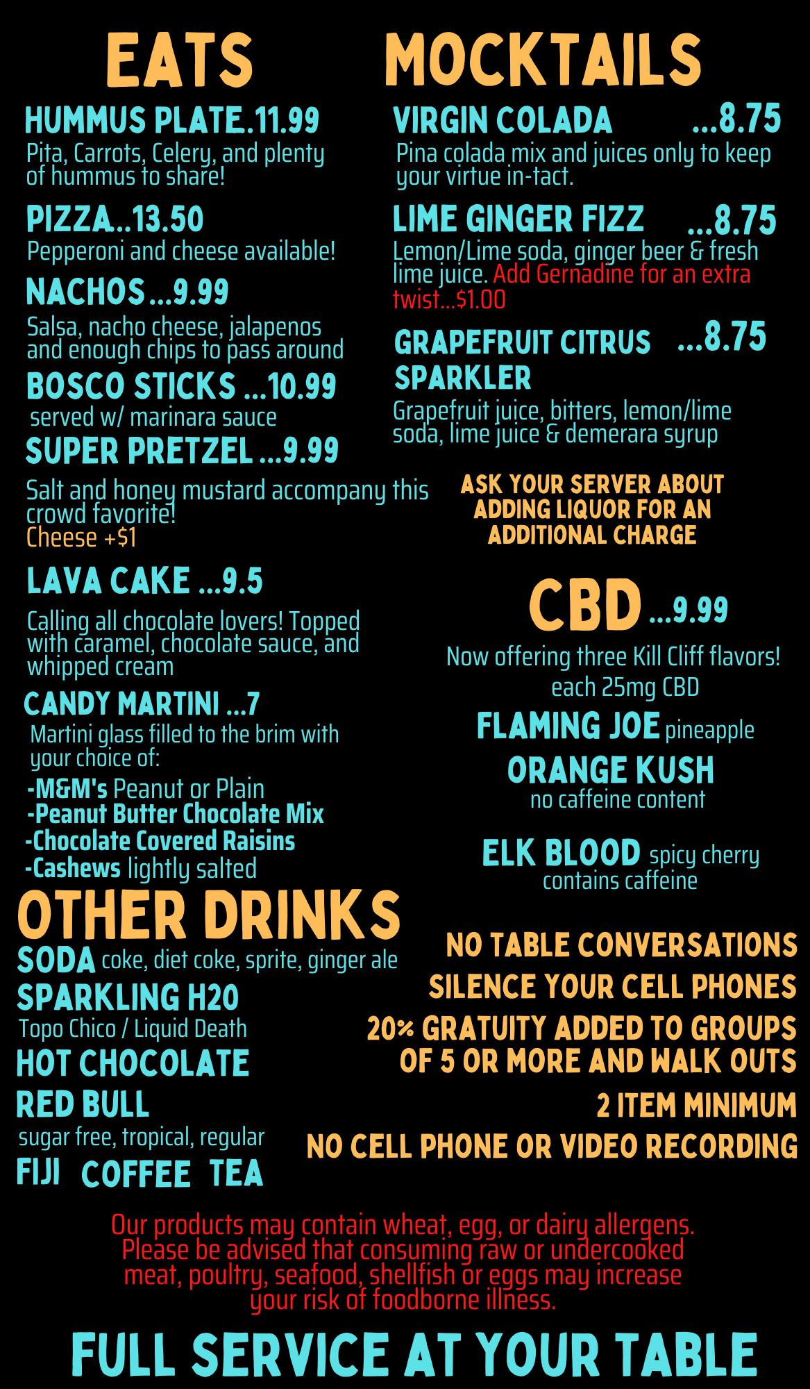 Menu | Zanies Chicago Comedy Club